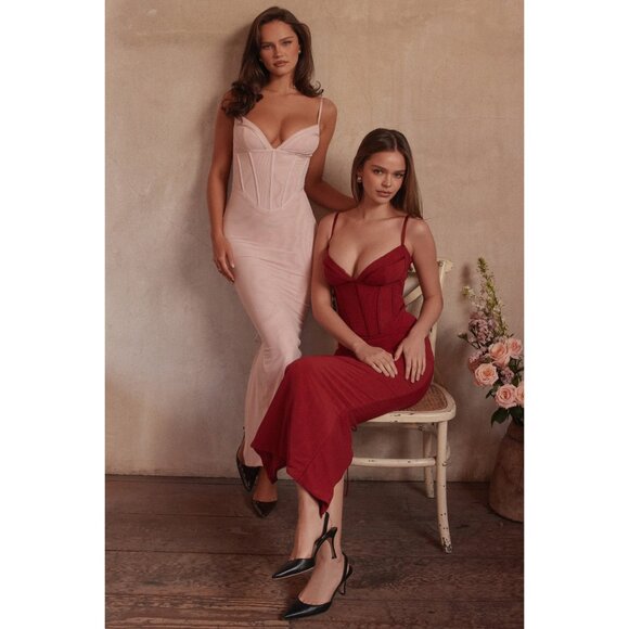 House of CB NWT Red Romy Mesh Corset Bodycon Maxi Dress SMALL REG CUP - Picture 6 of 12